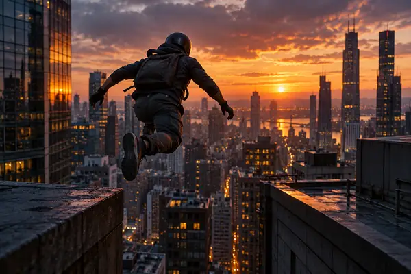 Plan cinématographique d’un athlète de parkour casqué sautant entre les toits d’une ville au crépuscule, vu de dos et entouré de grands immeubles