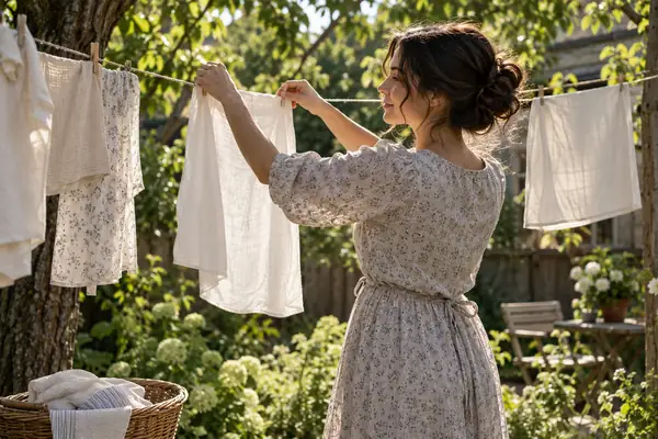 Image tirée d’une vidéo cinématographique nette et détaillée, montrant une femme étendant des vêtements clairs sur une corde dans le même jardin verdoyant, cadrée à hauteur de taille à la lumière naturelle du jour