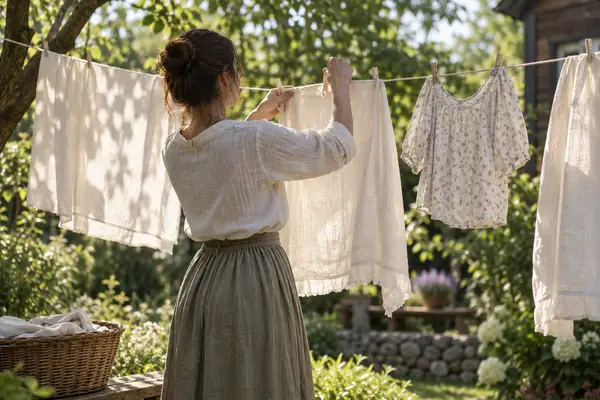 Image tirée d’une vidéo au rendu cinématographique doux, montrant une femme étendant des vêtements clairs sur une corde dans un jardin verdoyant, cadrée à hauteur de taille à la lumière naturelle du jour