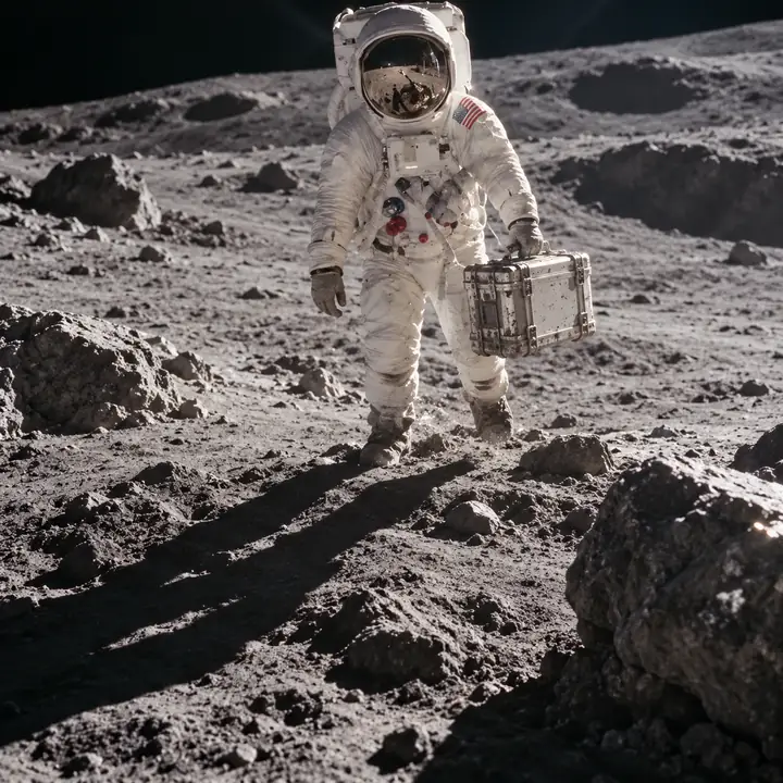 Astronaute se déplaçant dans un paysage lunaire rocheux