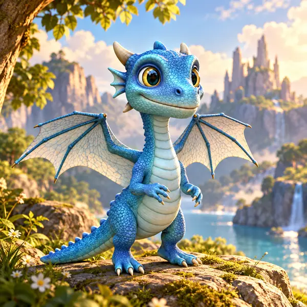 Modèle de personnage de dragon bleu avec des écailles et des textures d’ailes plus fines après amélioration