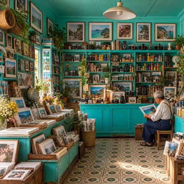 Intérieur détaillé d’une boutique turquoise après amélioration de l’image