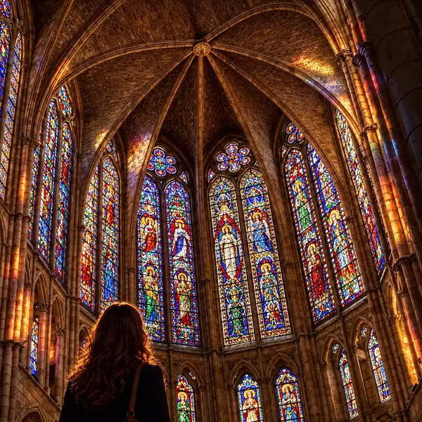 Intérieur d’une cathédrale gothique avec des vitraux éclatants et des détails de pierre plus nets après amélioration