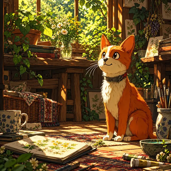 Illustration d’un chat orange dans une maison de campagne ensoleillée