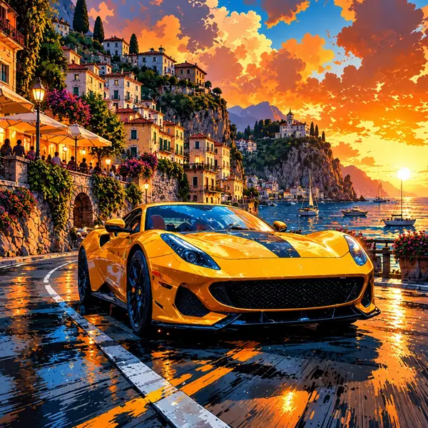 Voiture de sport jaune illustrée dans une ville côtière avant amélioration