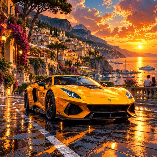 Voiture de sport jaune illustrée avec des détails urbains plus nets et des reflets du soleil couchant après amélioration