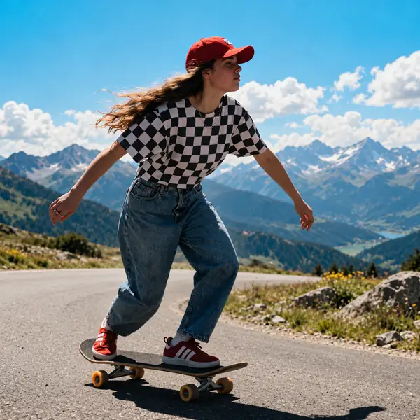 Skateur dans un vaste paysage montagneux avant retouche