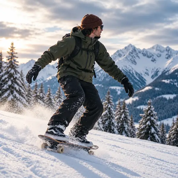 Skateur dans un paysage de montagnes enneigées après retouche