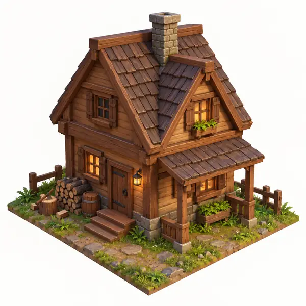 Petit modèle de maison en bois 3D pour jeu vidéo avant amélioration