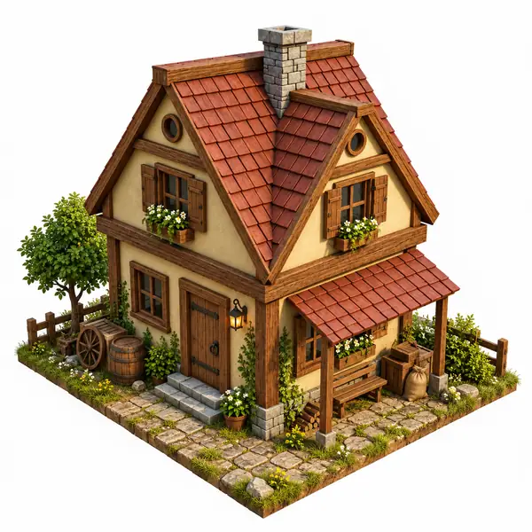 Petit modèle de maison en bois 3D pour jeu vidéo avec des textures de toit et de bois plus nettes après amélioration