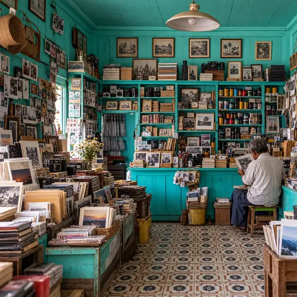 Intérieur d’une petite boutique turquoise avant amélioration de l’image
