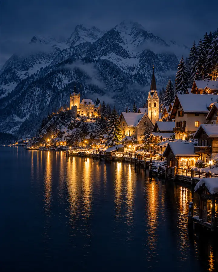 Montagnes enneigées et village au bord d’un lac baigné d’une lumière chaleureuse au crépuscule