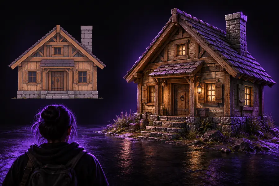 More detailed image of the same wooden-house game asset