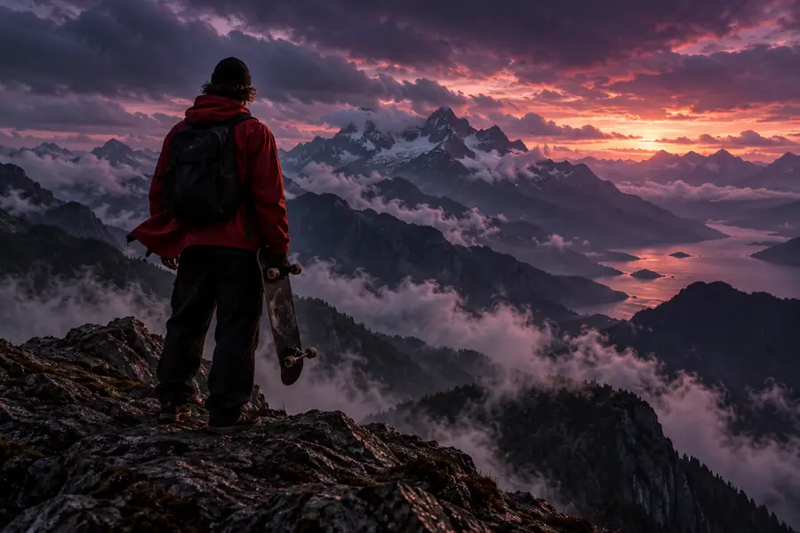Skateboarder pictured against an open mountain background